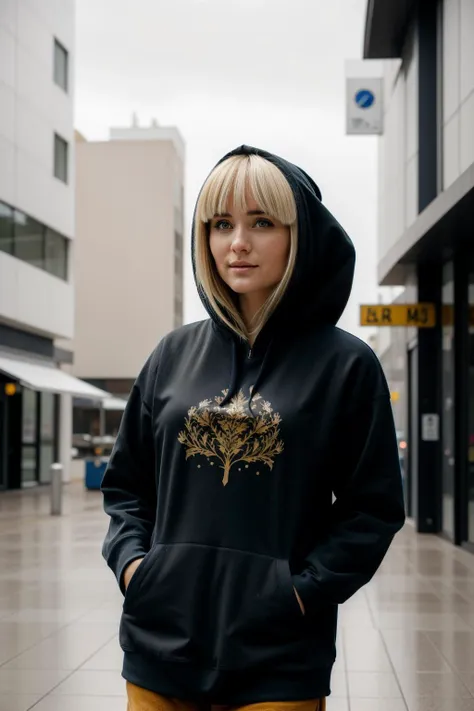 arafed woman in a black hoodie standing in a city