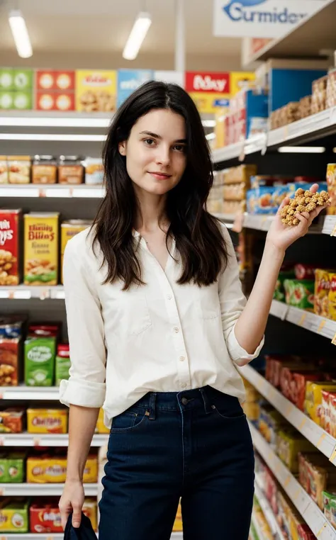 a woman standing in a grocery store holding a bag of cereal