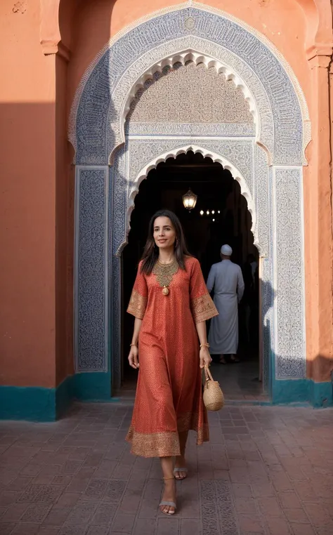 a woman in an orange dress walking through a doorway