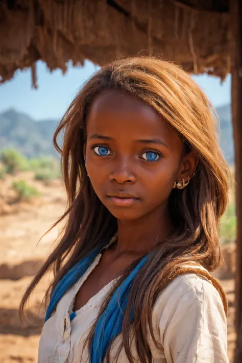 a close up of a young girl with blue eyes standing in front of a hut