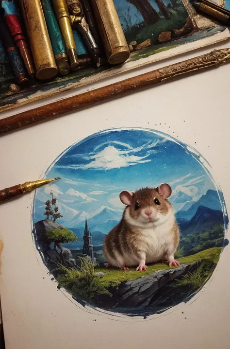 painting of a hamster sitting in a circle with a mountain view