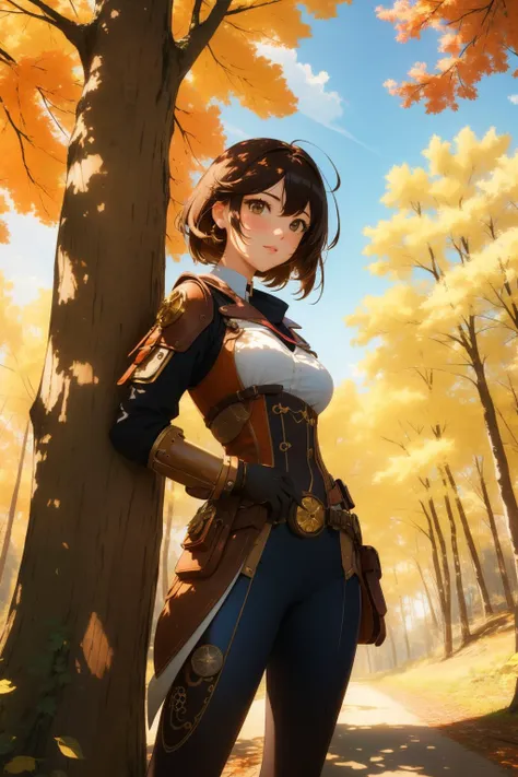 a woman in a brown and blue outfit standing next to a tree