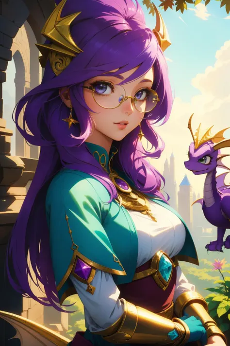 a woman in a purple dress and gold crown holding a purple dragon