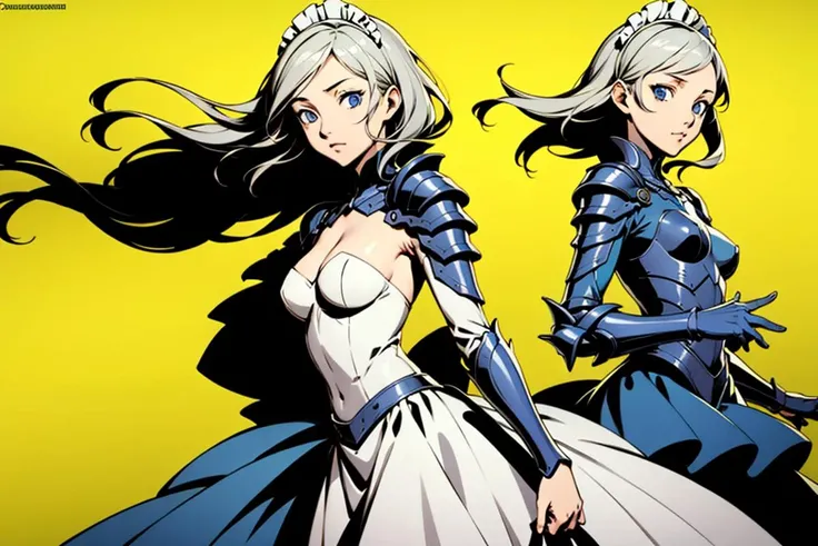 best quality, masterpiece, 1 girl, Silver hair, blue eyes, dress armor, small breasts, maid, look away, yellow background, <lora:flat2:-0.3>, <lora:persona_style:0.5>