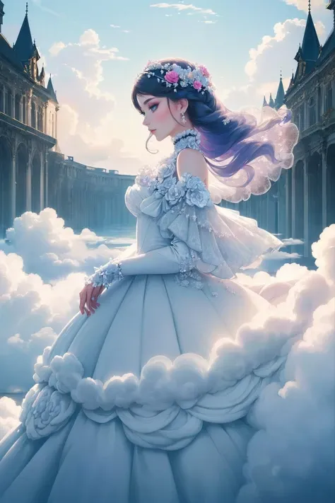 a woman in a white dress standing on a cloud covered ground