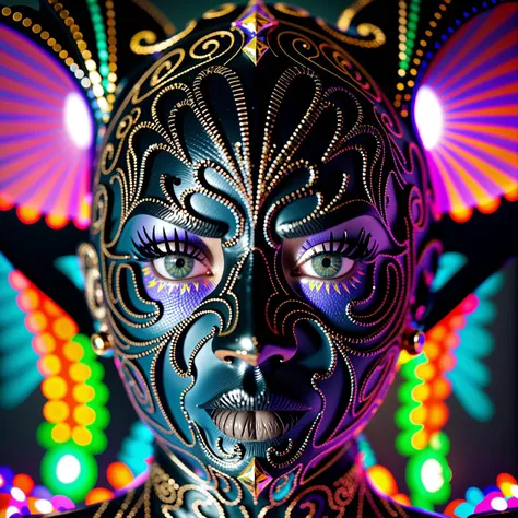 a close up of a person wearing a mask with lights in the background