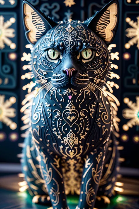 there is a black cat statue with a green eyes and a white pattern