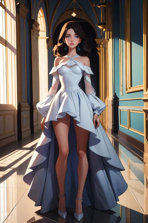 a woman in a blue dress standing in a hallway