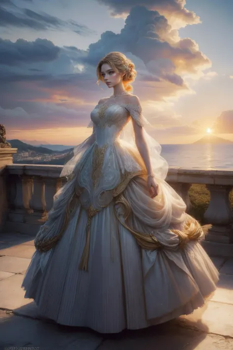 a woman in a white dress standing on a balcony with a sunset in the background