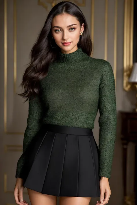 a woman in a green sweater and black skirt posing for a picture