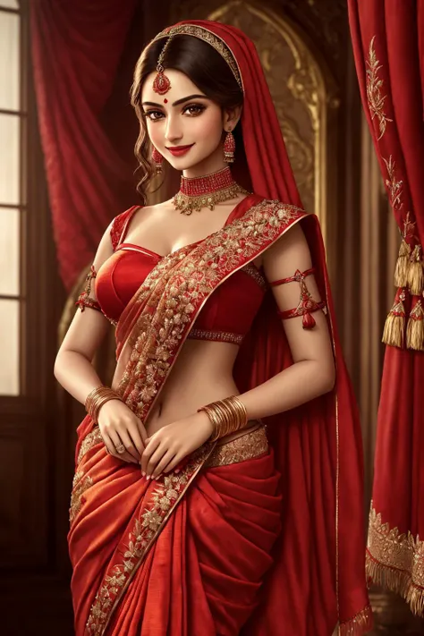 a woman in a red sari and gold jewelry poses for a photo