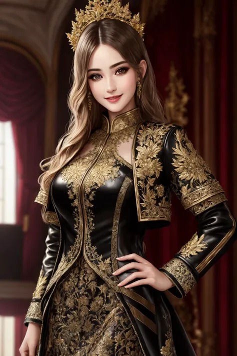 Masterpiece, absurdres, fine detail, HDR, highly detailed face and eyes, photorealistic, solo,1girl,smiling
Haute_Couture,designer dress, woman wearing a [Haute_Couture|edgCoquine] leather jacket, golden embroidery
<lora:CoquineCouture:0.55>