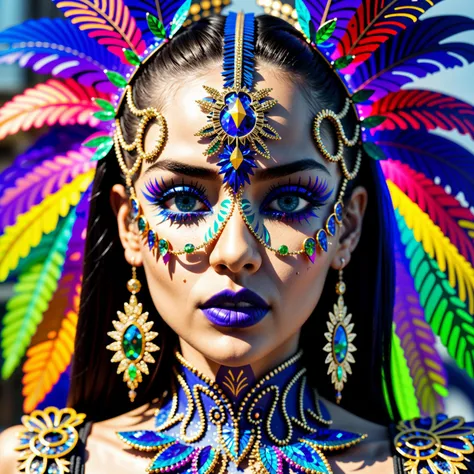 a woman with a colorful headdress and feathers on her head