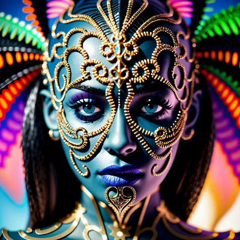 a close up of a woman with a blue face and a gold mask