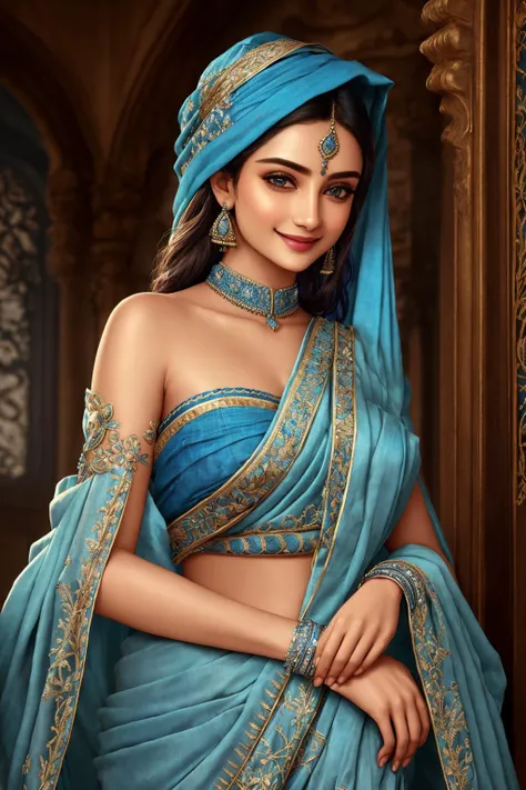 a woman in a blue sari and jewellery