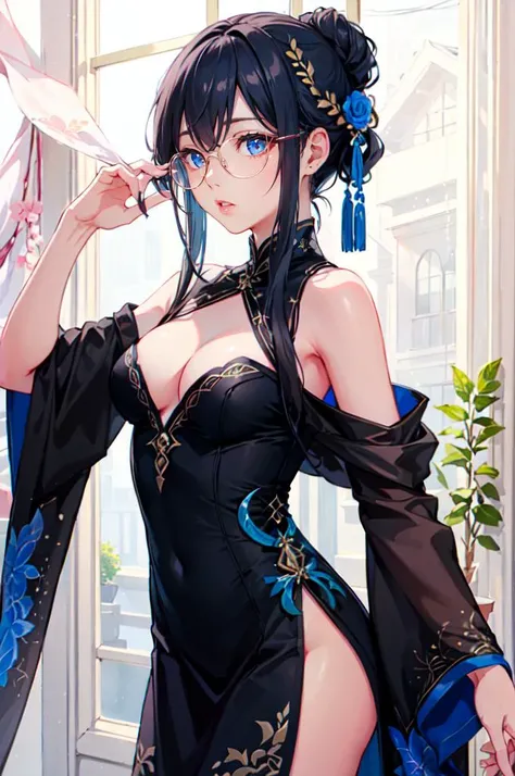 <lora:edgEasternFantasyCouture:0.8> (wearing Haute_Couture,edgHC_dress), edgEF, wearing edgEF eastern clothing,  blue theme,  <lora:LilyPichu:0.8> (LilyPichuTI:0.9), glasses,, ultra detailed, masterpiece, best quality, aesthetic, detailed,