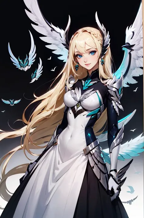 a woman in a white dress with wings and a sword