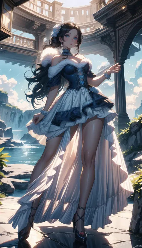 professional art of a cute girl, girl stay on the large cliff, extrim full shot, side-bottomview, Haute_Couture, edgCloud, wearing a Haute_Couture  edgHC_dress made of clouds, fur coat, winter clothes, hight heels, long hair, sapphire eyes, wind in hair, 
...