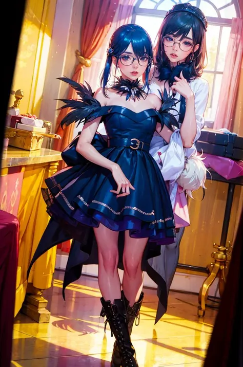 two women in costumes are posing for a picture in a room