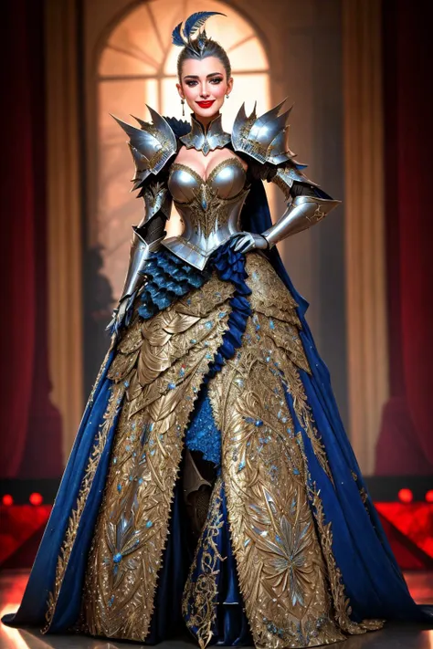 a woman in a blue and gold dress and armor