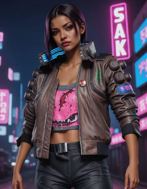 GTA-style artwork a gorgeous fashion model, woman, crossed arms, wearing a brown cyberpunk Samurai jacket, pink lips, looking at viewer, black jeans, grey crop top, standing in a busy city street, black hair, sleeves up, night, night sky, large cityscape, ...