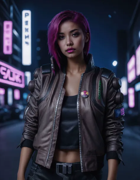 Dystopian style a gorgeous fashion model, woman, wearing a brown cyberpunk Samurai jacket, pink lips, looking at viewer, black jeans, black crop top, standing in a busy city street, purple hair, sleeves up, night, night sky, large cityscape, neon signs, hi...