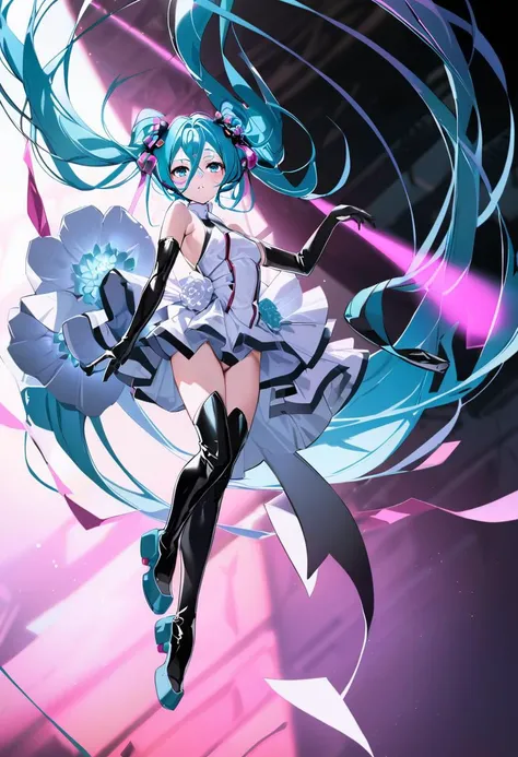 masterpiece, best quality, <lora:yoneyamaiXL_V1:1.0>, 1girl, solo, long hair, hatsune miku, twintails, very long hair, dress, blue hair, gloves, full body, blue eyes, floating, looking at viewer, hair ornament, sleeveless, black gloves, multicolored hair, ...