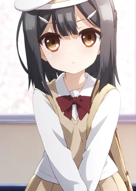 anime girl with black hair and a white hat and brown dress