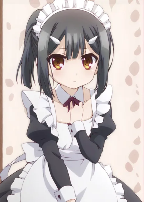 anime character with black hair and white dress and a pink bow