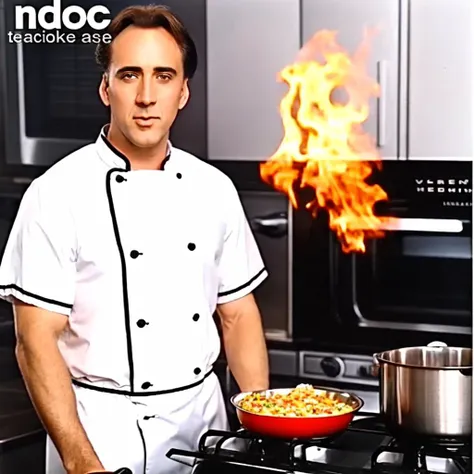 chef in white uniform cooking food on stove with flames in background