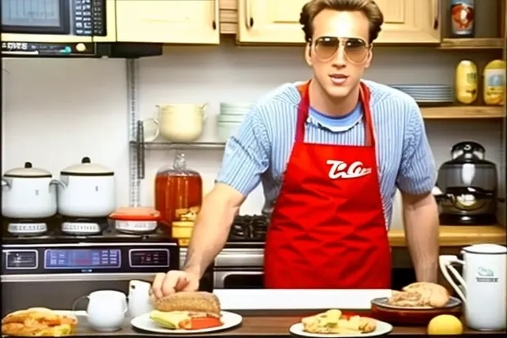 arafed man in red apron preparing food in kitchen with microwave