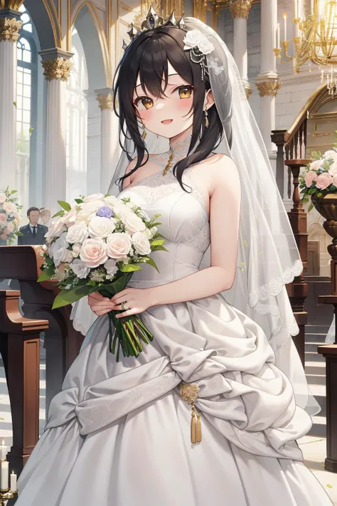 1girl,(bridal gown),(long flowing veil),(radiant smile), (standing at the altar), (holding bouquet of flowers), (surrounded by loved ones), (detailed textures and shading), (elegant wedding venue with decorations and flowers), (wedding accessories like tia...