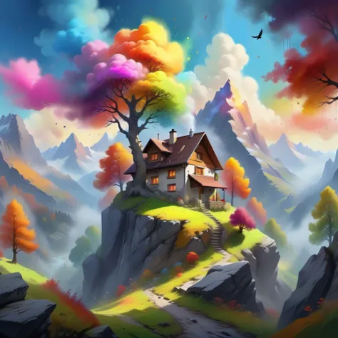 {"prompt": ""Mountain Landscape with Misty Aura, Traditional Swiss Landscape, Rocky Terrain, Human Habitation, Vibrant Tree with Multicolored Leaves, Birds Flying in the Sky, Bright Sunny day, Paint Drips at the Bottom for Dreamy Effect", View: Front Art I...