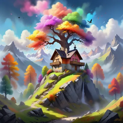 {"prompt": ""Mountain Landscape with Misty Aura, Traditional Swiss Landscape, Rocky Terrain, Human Habitation, Vibrant Tree with Multicolored Leaves, Birds Flying in the Sky, Bright Sunny day, Paint Drips at the Bottom for Dreamy Effect", View: Front Art I...