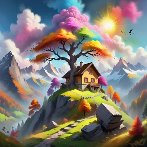 {"prompt": ""Mountain Landscape with Misty Aura, Traditional Swiss Landscape, Rocky Terrain, Human Habitation, Vibrant Tree with Multicolored Leaves, Birds Flying in the Sky, Bright Sunny day, Paint Drips at the Bottom for Dreamy Effect", View: Front Art I...