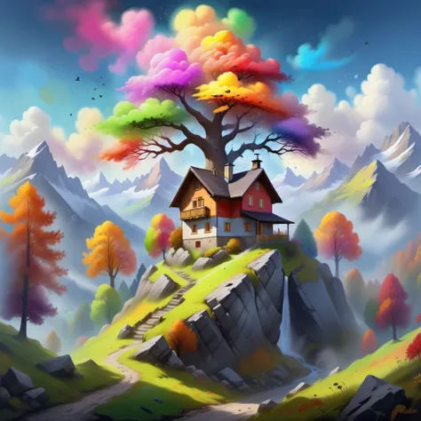 {"prompt": ""Mountain Landscape with Misty Aura, Traditional Swiss Landscape, Rocky Terrain, Human Habitation, Vibrant Tree with Multicolored Leaves, Birds Flying in the Sky, Bright Sunny day, Paint Drips at the Bottom for Dreamy Effect", View: Front Art I...