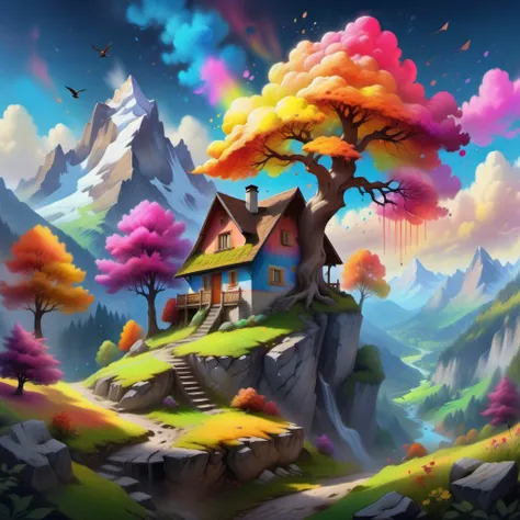 {"prompt": ""Mountain Landscape with psychedelic Aura, Traditional Swiss Landscape, Rocky Terrain, Human Habitation, Vibrant Tree with Multicolored Leaves, Birds Flying in the Sky, Bright Sunny day, Paint Drips at the Bottom for Dreamy Effect", View: Front...