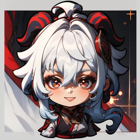 masterpiece, best quality, chibi, 1girl, solo, ganyu, White hair, red Red case with crosses for pupil place, hair ornament, smiling <lora:GenshinStickers:1>    <lora:ganyu:1>