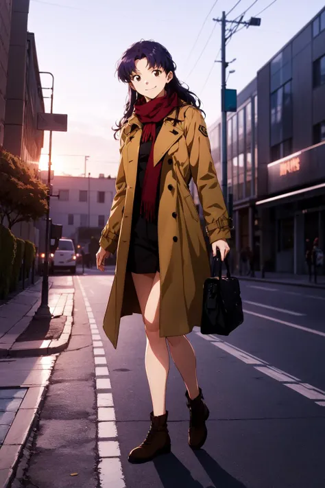 (RAW photo, best quality), 1girl,  natural lighting, solo, light smile, 
katsuragi misato,  <lora:eva_katsuragi_misato_v1_2:1>,
outdoor,
autumn, city streets, scarf, trench coat, full body,