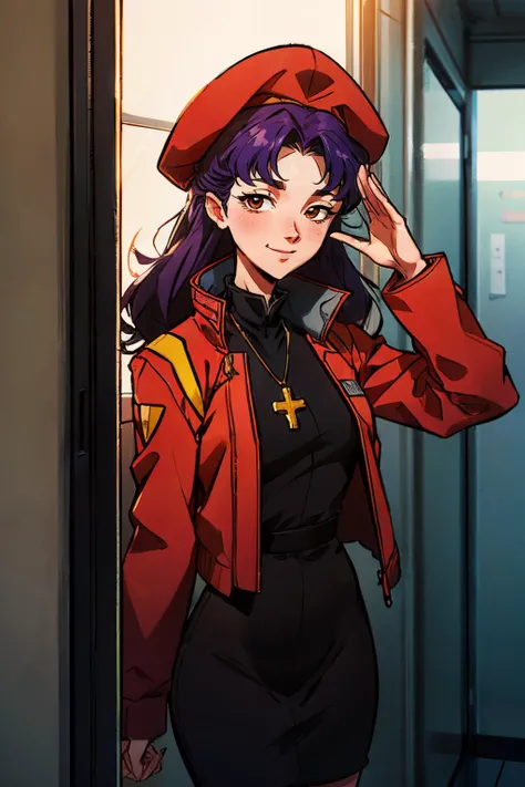 katsuragi misato, brown eyes, purple hair, cross necklace, red beret, red jacket, black dress, looking at viewer, smiling, standing, salute, inside office, hallway, window, sunny,  high quality, masterpiece <lora:eva_katsuragi_misato_v1_2:.8>