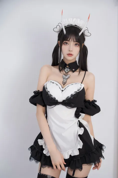 a close up of a woman in a maid outfit posing for a picture