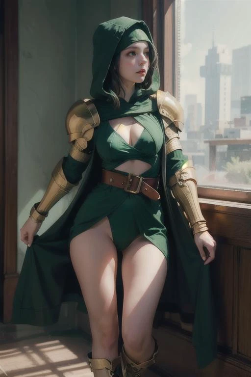 1 girl,, wolfcut haircut, long hair, cute 18 y.o., exposed pussy, exposed breasts, 
  <lora:FinalFantasy_Meliadoul:0.75> MeliadoulFFT, white hair, green eyes, hood, armor, green cloak,nude, pussy, breast, belt, shoulder armor, gauntlets, boots, <lora:Insta...