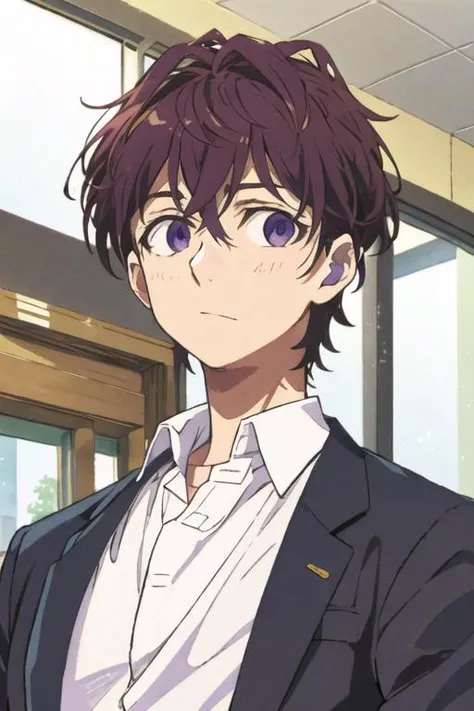 masterpiece, best quality, high quality, 1boy, solo, male focus, looking at viewer, upper body, <lora:yuu_setoguchi:0.72>, yuu_setoguchi, purple eyes, brown hair, ,