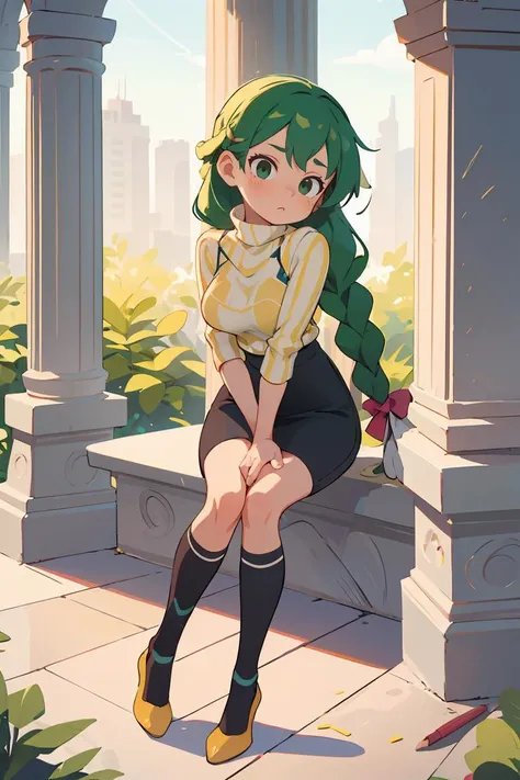 (masterpiece, best quality), 1girl, Emerald Top Braided Knot, Sizes I to L breasts, Lemon Turtleneck and Fitted pencil skirt with a striped pattern, kneehighs, Leaning against a pillar or column, looking thoughtful and introspective.