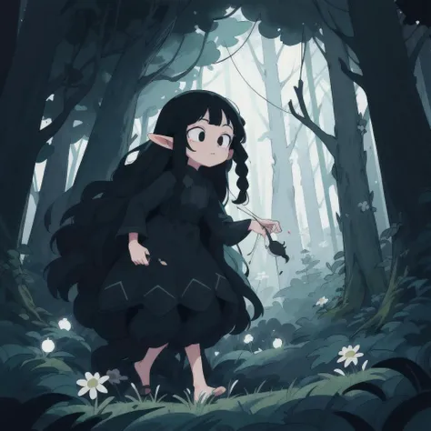 elf with long black curly hair, wearing black summer dress with white daisy pattern, (white eyes:1.1), skipping down a dark forest path, ((night time)), string lanterns, ((low fog:1.1)), dark, (lineart:.8, art, drawing, painting, anime, High detail face, m...