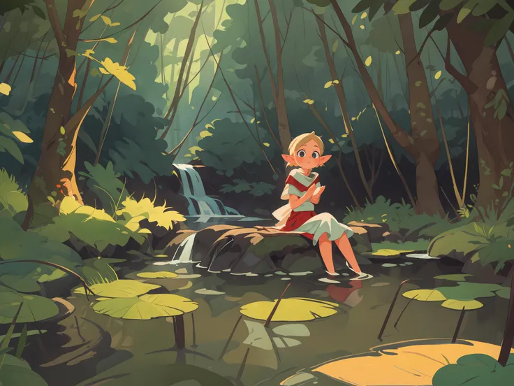 (best quality, masterpiece), 1girl, sitting, elf, pond, in water, deep forest, waterfall, looking away, blurry background,
<lora:GilElvgren:0.8>,<lora:add_detail:0.5>