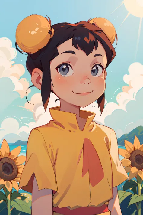 masterpiece, highest quality, best quality, 1girl, solo, looking at viewer,  summer, on sunflower field,
ikki, closeup, hair bun, bun cover, double bun, black hair, looking at viewer, upper body, smug, beach background, sunshine, sky, cloud  <lora:Ikki:0.7...