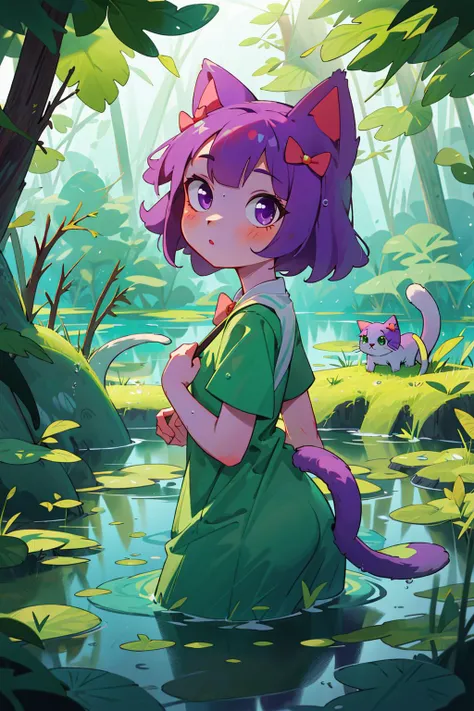 masterpiece, highest quality, best quality, 1girl, solo, looking at viewer,
masunya, cat ears, (purple skin color:1.1), (hair bow:1.1), dress, tail, <lora:my_LoRA_masunya_v3:0.4> lake, water, (green colored water:1.1), (swamp:1.2),