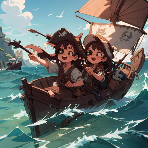 ((best quality, masterpiece)),
2girls, ((boat):1.3), ocean, caustics, wave pointing, happy pirate hat, (eyepatch),  flintlock
 <lora:more_details:0.5>