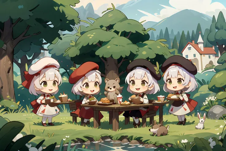 scenery, nordic forest, village, <lora:Noelle-v7.4:0.8>chibi, 6+girls, kfc costume, beret, holding tray of food, smile, open mouth, table, lily of the valley, ivy, pine tree, mountain, river, village, castle, rabbit, squirrel, bear, fox